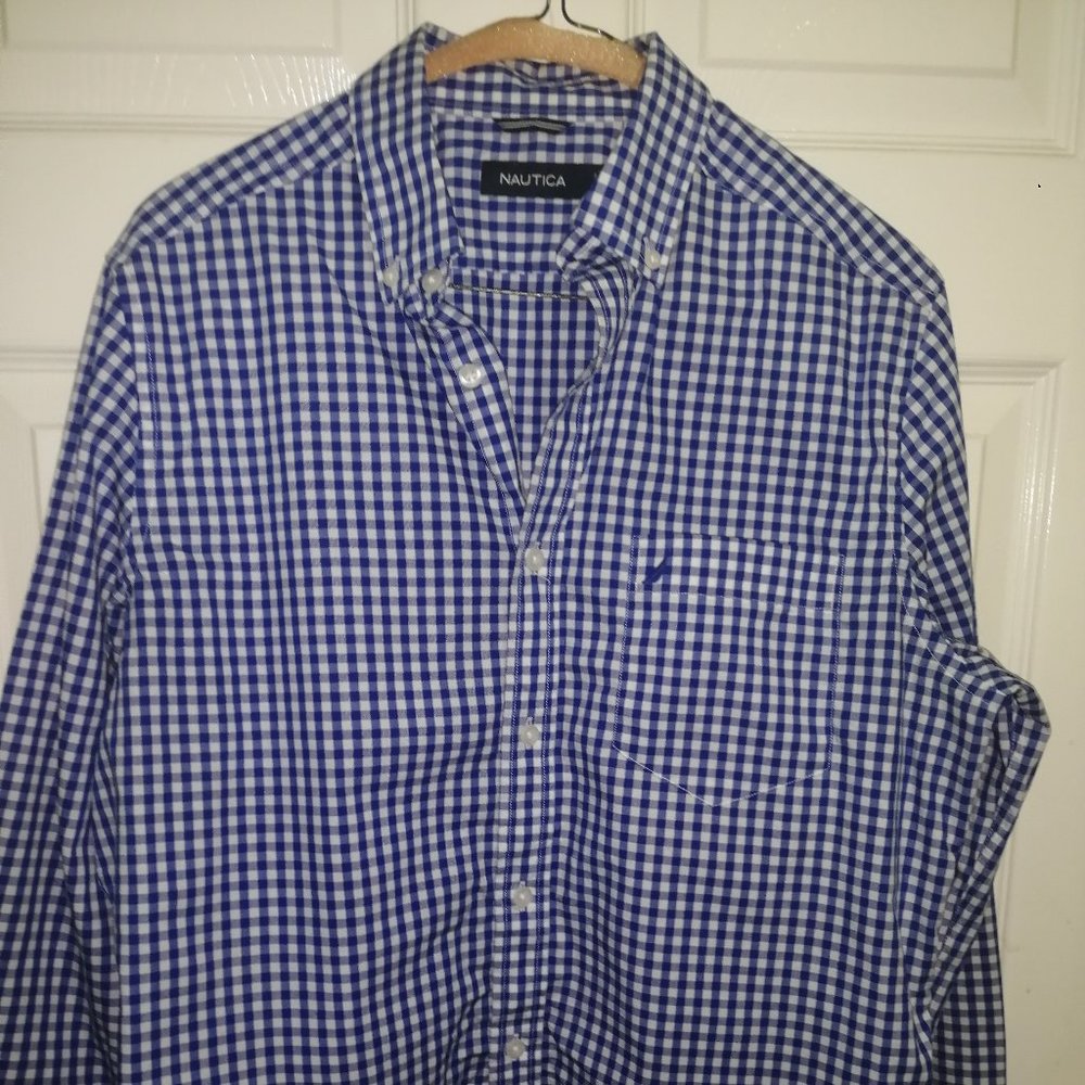 Men's Classic Nautica Long-Sleeved Blue and White Plaid Shirt, USED